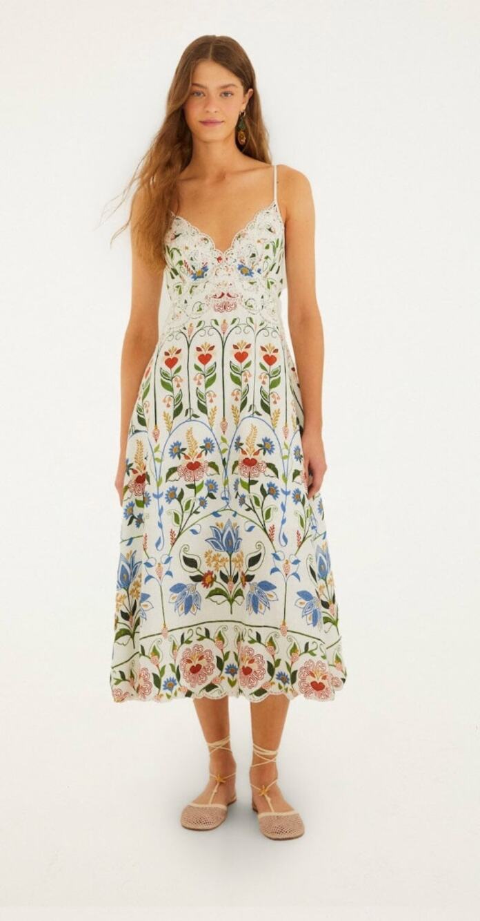 Farm Rio NEW Off-White Stitched Garden Linen Midi Dress, Med